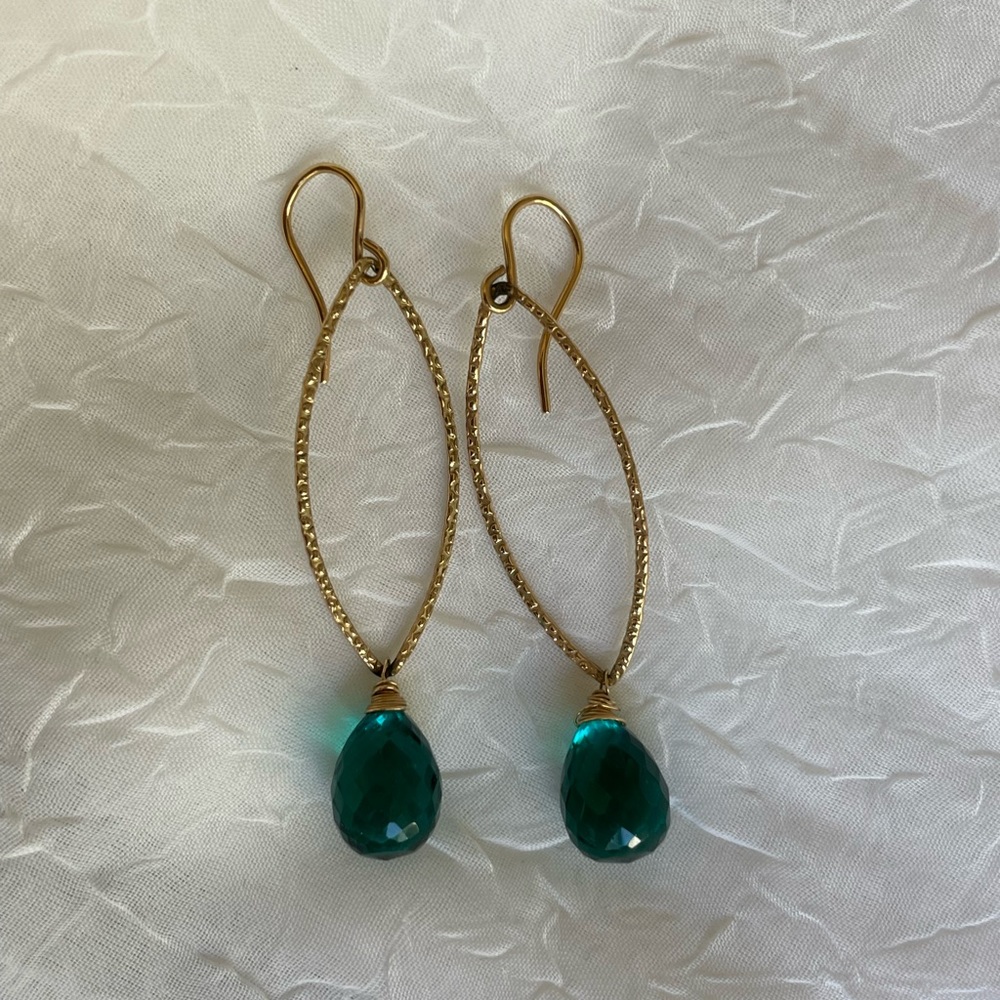 Gold with Green Stone Drop Earrings